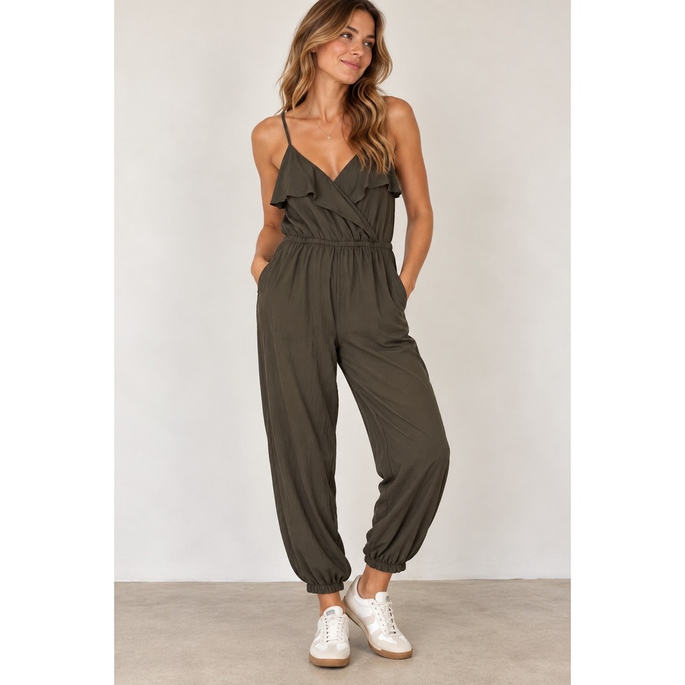 American Eagle Outfitters Olive Green Ruffle Surplice Jogger Jumpsuit Medium